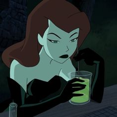 an animated woman holding a glass with liquid in her hand and looking at the camera