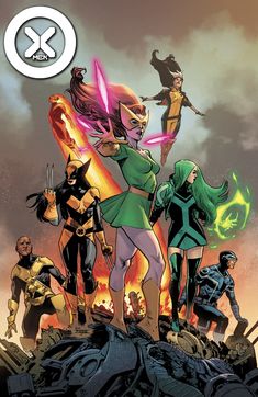 the cover to x - men vol 2, featuring an image of several women in green and