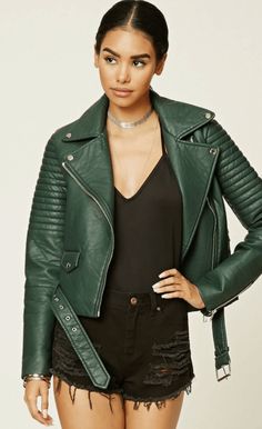 Green Leather Jacket Outfit, Green Leather Jacket, Asymmetrical Coat, Green Leather Jackets, Leather Jacket Style, Winter Outfit Inspiration, Faux Leather Moto Jacket