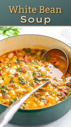 white bean soup in a green pot with a spoon