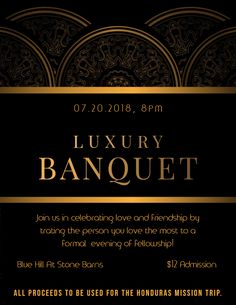 a black and gold party flyer with an elegant design on the front, along with text that reads luxury banquet join us in celebrating love