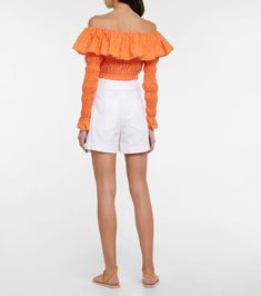 Caroline Constas - Lydia polka-dot off-shoulder top | Mytheresa Fitted Smocked Bodice Off-shoulder Top, Fitted Off-shoulder Top With Smocked Bodice, Chic Smocked Bodice Off-shoulder Top For Summer, Chic Summer Off-shoulder Top With Smocked Bodice, Chic Off-shoulder Top With Smocked Bodice For Summer, Fitted Cropped Off-shoulder Top With Ruffles, Off-shoulder Crop Top With Smocked Bodice, Caroline Constas, Off Shoulder Tops