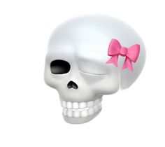 a white skull with a pink bow on its head