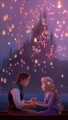 the princess and the frog are holding hands in front of a castle with floating lanterns