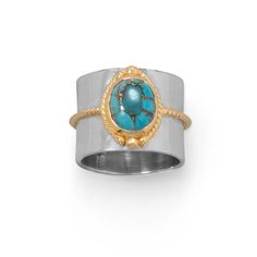 Sterling Silver Gold Plated Two Tone Turquoise Cigar Ring - Identity Diamonds Turquoise Ring Silver, Natural Stone Jewelry, Rope Design, Engraved Items, 925 Jewelry, Sterling Silver Bands, Turquoise Gemstone, Silver Stars, Ring Sterling Silver