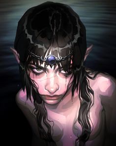 a man with long black hair and no shirt on in the water looking at something