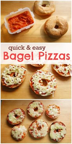 bagel pizzas with cheese and sauce on them are shown in three different pictures