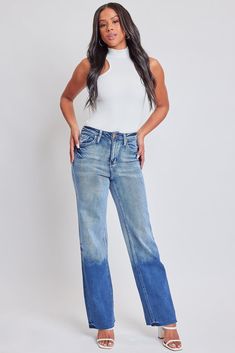 It’s giving main character energy all season long in our Women’s High Rise Straight Leg Jeans. Midweight denim shapes this high-waisted, straight-leg silhouette designed to cinch your waist and make your legs look longer. Product Details- High-Rise- Belt Loops- Classic 5-Pocket Construction- Straight Leg- Raw HemSize and Fit (Based on Size 5)- Inseam: 32”- Rise: 11”- Leg Opening: 19”Machine wash cold, separately inside out. Tumble dry low.65% Cotton/ 29% Polyester/ 4% Rayon/ 2% Spandex (Color: 3 Straight Dark Wash Pants For Spring, Spring Straight Dark Wash Pants, Fitted Wide Leg Faded Bottoms, Faded Straight Leg Pants For Fall, Faded Stretch Mid-rise Bottoms, Trendy High Waist Straight Fit Bottoms, Stretch Mid-rise Faded Bottoms, Fall Faded Straight Leg Pants, Trendy High Waist Faded Jeans