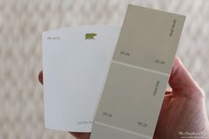 the person is holding up two samples of paint in their hand, one white and one gray