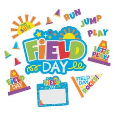 the words field day are surrounded by colorful stickers and magnets on a white background