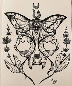 a drawing of a moth on top of a skull with flowers in the foreground