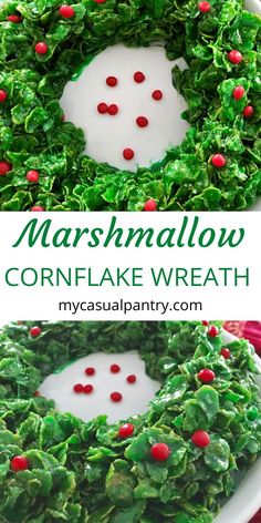 a wreath made out of green leaves and red berries is shown with the words marshmallow cornflake wreath