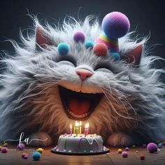 a cat with its mouth open next to a birthday cake that has candles on it