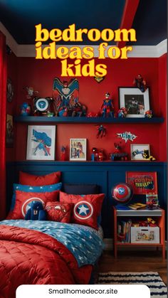 a bedroom with red and blue walls, captain america bedspread, and spiderman decorations