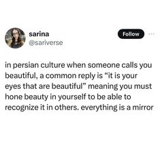 a woman is talking to someone on her twitter account, with the caption'in persian culture when someone calls you beautiful, a common