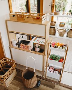 an overhead view of a kitchen with food in baskets on the floor and shelves above