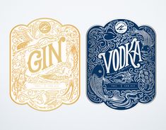 two stickers with the words gin and vodka on them