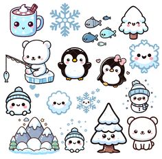 various cartoon animals and snowflakes are shown in this image, including penguins, polar bears