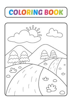 a coloring book with an image of a road and hills in the background, on a white