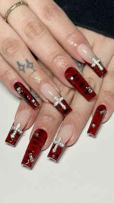 Junior H, Wow Nails, Red Acrylic Nails, Goth Nails, Grunge Nails, Nails Design With Rhinestones, Cute Acrylic Nail Designs, Dope Nail Designs, Long Square Acrylic Nails