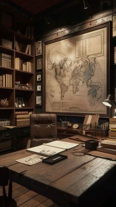 an old world map hangs in the corner of a room with leather chairs and bookshelves