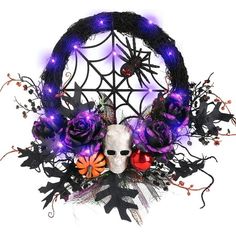 [QUALITY MATERIAL] Our halloween decorative wreath is made of natural grape vine base, durable and environmentally friendly. The elements are matched with high-quality PU plastic, no smell, safe to use [CREATIVE DESIGN] Halloween wreath with 20 LED lights, with rich elements such as roses, spiders, skulls, pumpkins, bells, etc., can attract and scare your guests [HANDMADE] 16inch Halloween wreaths for front door is pure handmade, every detail is carefully designed and finally put together, requi Halloween Wreaths For Front Door, Halloween Decorations Wreaths, Wreath With Lights, Spider Wreath, Haunted Mansion Halloween, Halloween Witch Wreath, Skull Wreath, Ghost Lights, Rose Skull