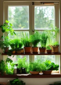 a window sill filled with lots of green plants