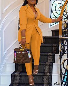 Color: yellow, Size: 3XL(18) Business Wear Women, Plus Size Pant Suits, Corset Blazer, Lady Suit, Suit Styles, Slim Fit Blazer, Womens Suits Business, Blazer Outfit, Outwear Women