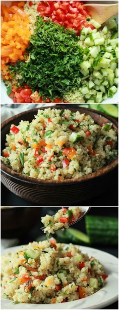 the process to make this vegetable salad is shown in three different pictures