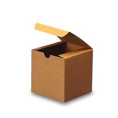 an open cardboard box with a piece of paper sticking out of the top, on a white background