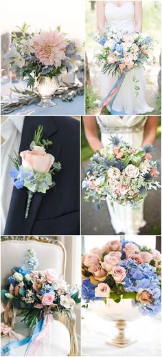 a collage of photos with different flowers and colors on the wedding day, including roses