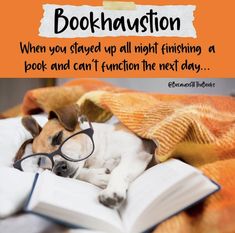 a dog laying on top of a bed next to an open book with the caption, bookhauston when you stay up all night finishing a book and i can't function the next day