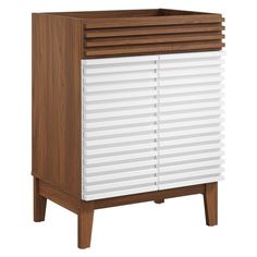 a wooden cabinet with white shutters on the front and side panels, against a white background