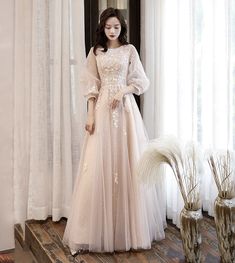 Long Sleeve Prom Dress Lace, Gaun Tulle, Prom Dress A Line, Lace Long Prom Dress, Maxi Dress Summer, A Line Evening Dress, Pink Prom Dress, Long Sleeve Prom, Long Sleeve Evening Dresses