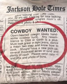 an old newspaper with a red circle on it's front and back cover that reads cowboy wanted