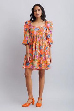 Shop for Nautanky Orange Cotton Floral Print Puff Sleeve Dress for Women Online at Aza Fashions Gathered Dress, Dress Indian, Puff Sleeve Dress, Indian Fashion Designers, Puffed Sleeves Dress, Designer Gowns, Orange Dress, Festival Wear, Aza Fashion