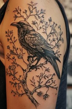 Raven In Tree Tattoo, Black And Grey Raven Tattoo, Thistle Vine Tattoo, Crow Tattoo Feminine, Crow Tattoo For Women Beautiful, Raven Thigh Tattoo Women, Raven Tree Tattoo, Fine Line Raven Tattoo, Crow Sleeve Tattoo