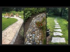 three different views of a garden with stepping stones