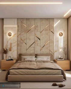 a modern bedroom with marble walls and flooring