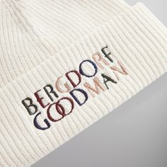 Kith for Bergdorf Goodman Mia Chunky Knit Beanie - Sandrift White Cotton Hats For Cold Weather, White Cotton Beanie For Winter, Winter Cotton Hat With Letter Embroidery, Casual Cotton Beanie With Embroidered Logo, Cream Cotton Winter Hats, Cream Knitted Cotton Hat, Winter Cotton Beanie With Embroidered Logo, Winter Embroidered Cotton Hat, Chunky Knit Beanie