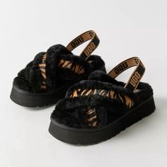 New. Size 8. Black With Rare Tiger Print . These Sold Out . Ugg Disco, Platform Ugg, Ugg Sandals, Shoes Ugg, Tiger Stripes, Tiger Print, Cross Straps, Womens Uggs, Ugg Shoes