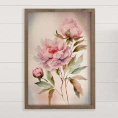 a painting of pink flowers on a white wall