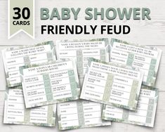 baby shower game cards with the words,'30 baby shower friendly feud '