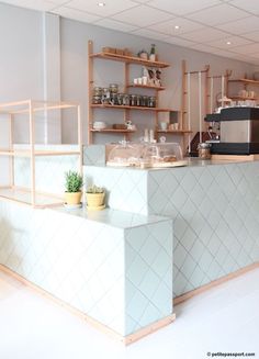 an empty counter in a restaurant with pots and plants on the shelves behind it,