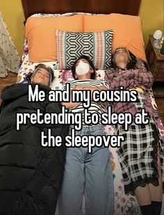 two people laying in bed with the caption me and my cousins pretending to sleep at the sleepover