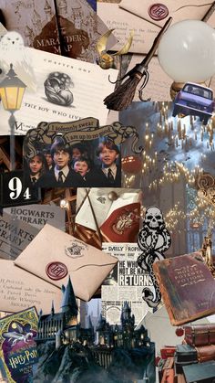 harry potter collage with hogwart's castle, books, and other items