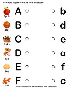 an uppercase letter to lowercase worksheet for kids with pictures and words