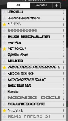 an iphone screen showing the font and numbers for different types of lettering, including stars