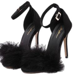 Elegant Open Toe Heels For Winter, Glamorous Spring Heels With Feather Trim, Spring Glamorous Heels With Feather Trim, Chic Feather Trim Sandals, Glamorous Party Heels With Feather Trim, Formal Open Toe Heels With Feather Trim, Chic Sandals With Feather Trim, Chic Ankle Strap Heels With Feather Trim, Summer Ankle Strap Heels With Feather Trim