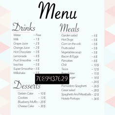 the menu for a restaurant is shown in black and white